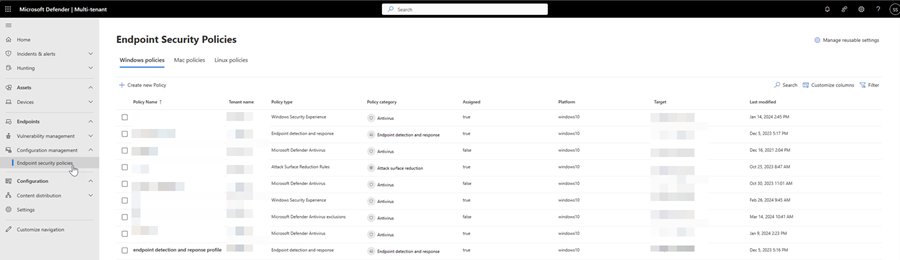 Capture d’écran de la page stratégies de sécurité de point de terminaison dans la gestion multilocataire dans Microsoft Defender XDR.