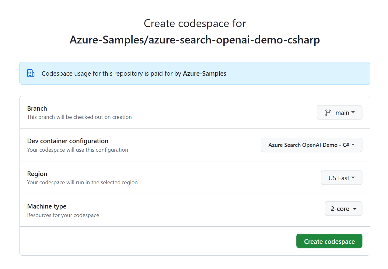 Capture d’écran de l’écran de confirmation avant de créer un nouveau codespace.