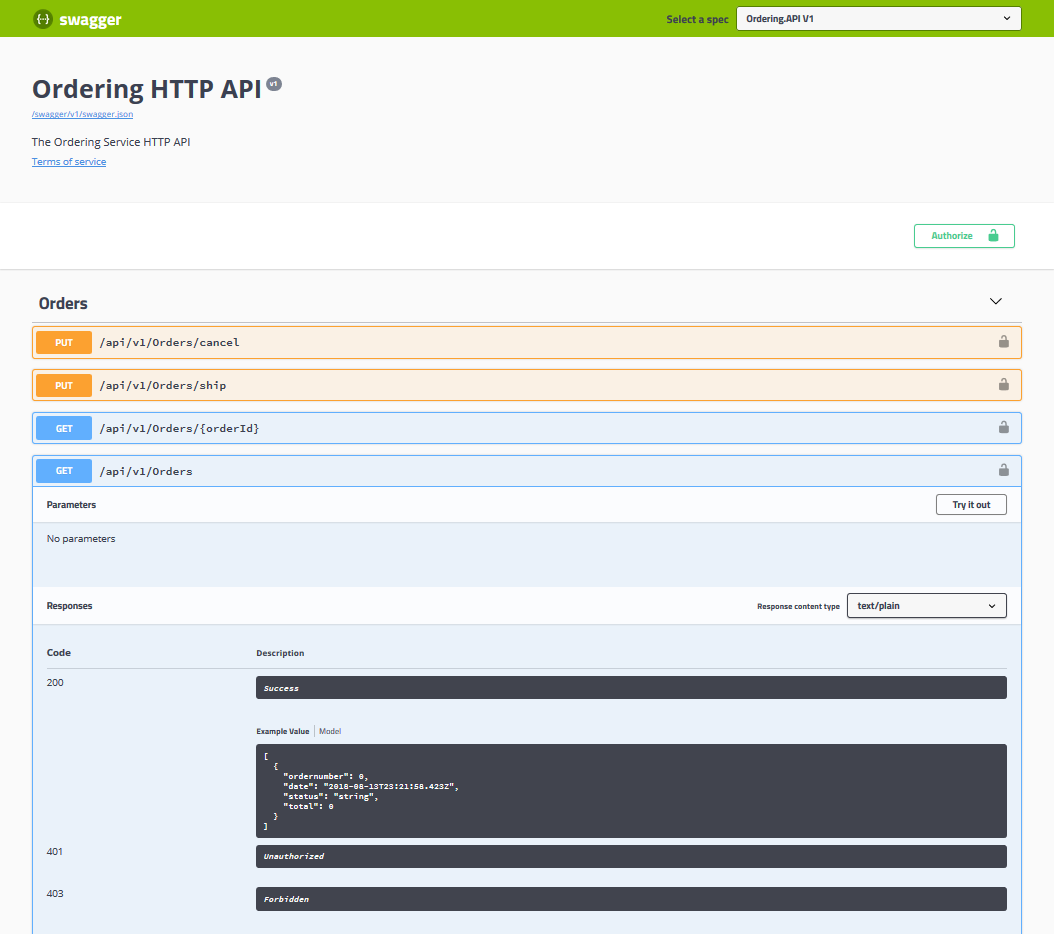 Capture d’écran de la page de l’interface utilisateur Swagger pour l’API Ordering.