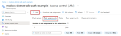 Capture d’écran montrant comment accéder à l’onglet Attributions de rôles et à l’emplacement du bouton utilisé pour ajouter des attributions de rôles à un groupe de ressources.