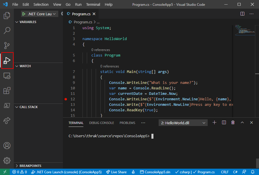 Ouvrir l’onglet Débogage dans Visual Studio Code