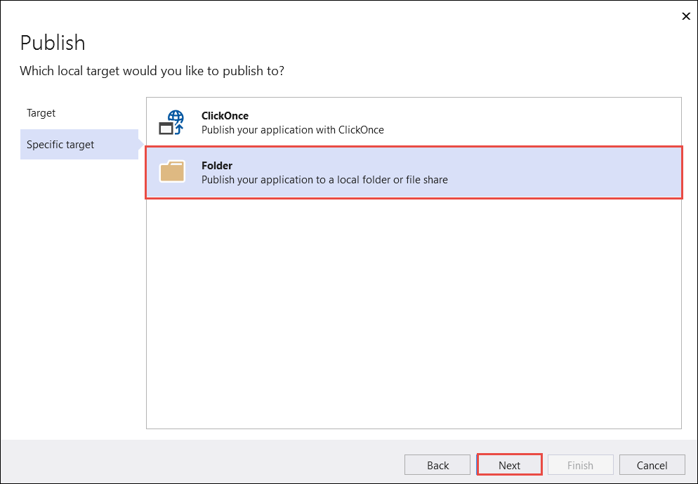 Choisir la cible de publication spécifique dans Visual Studio