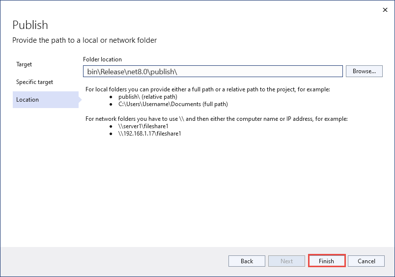 Onglet Emplacement de la page Publication de Visual Studio