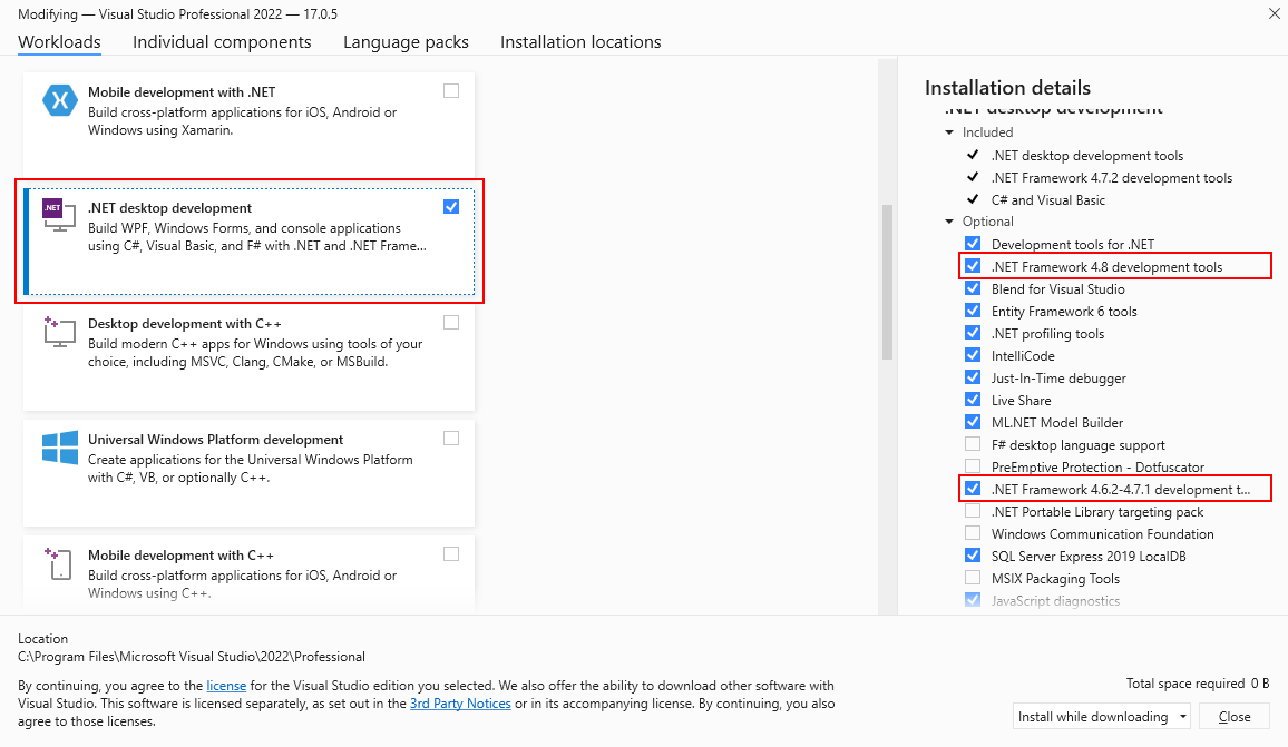 Visual Studio installer with .NET Framework options selected.