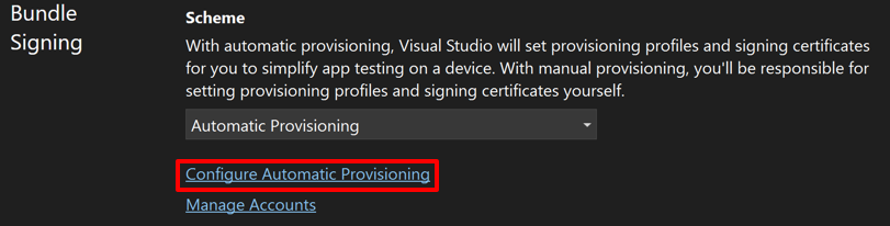 Capture d’écran du provisionnement automatique activé dans la page des propriétés iOS dans Visual Studio.