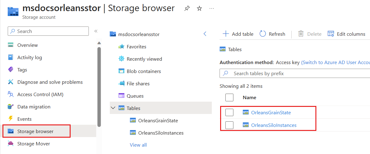 Capture d’écran montrant les données Orleans dans le Stockage Table Azure.