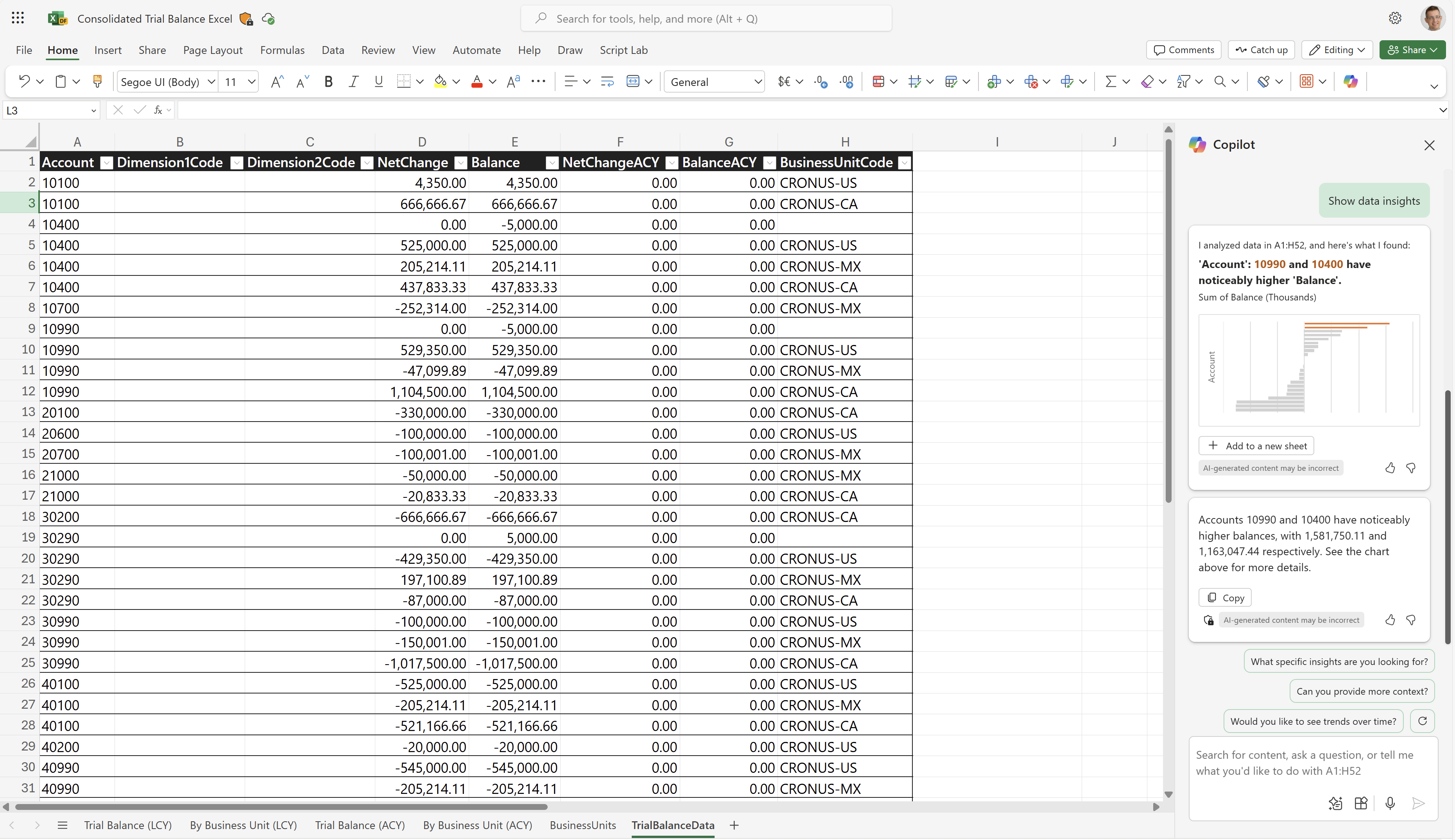 Capture d’écran de la feuille de calcul TrialBalanceData