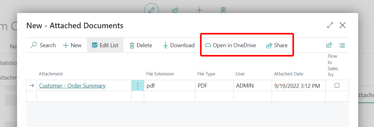 Actions Ouvrir dans OneDrive et partager pour les pièces jointes