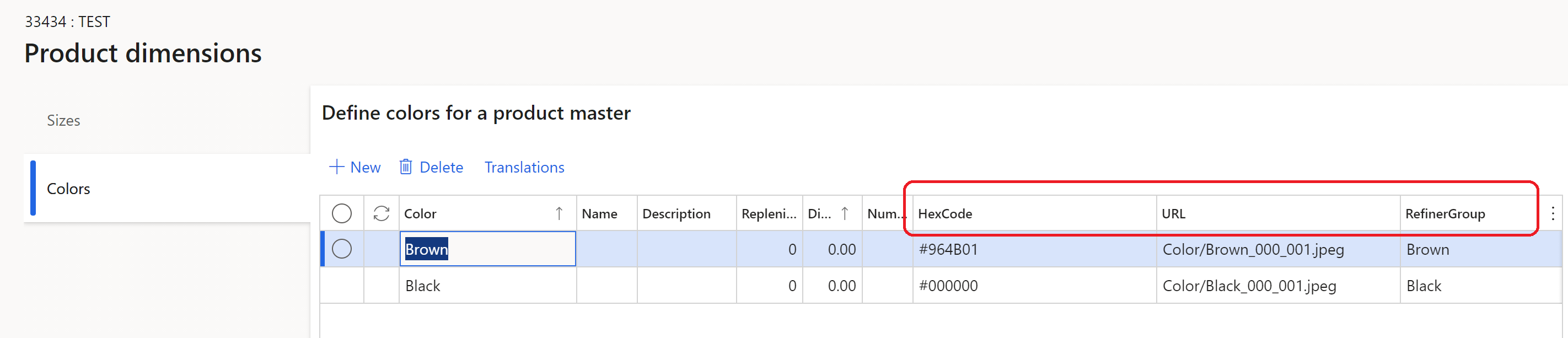 Exemple de configuration de dimensions dans la page Dimensions du produit.