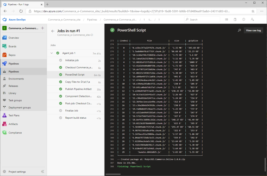 Azure DevOps showing running job with agent job logs