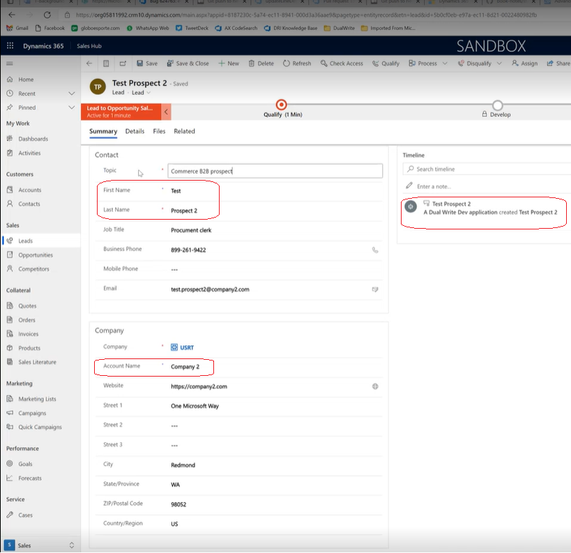 Page de création de prospect dans Dynamics 365 Sales.