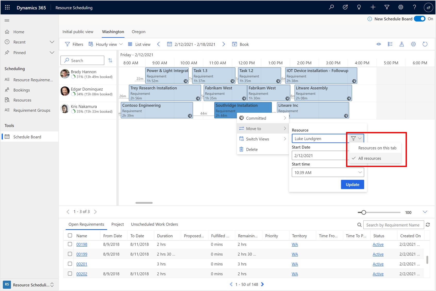 Capture d’écran de l’option Déplacer vers avec le filtre de ressource développé.