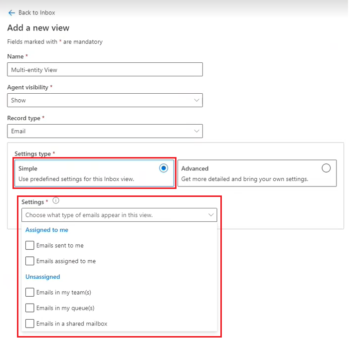 Option de configuration simple sur la page Ajouter une nouvelle vue pour la boîte de réception.