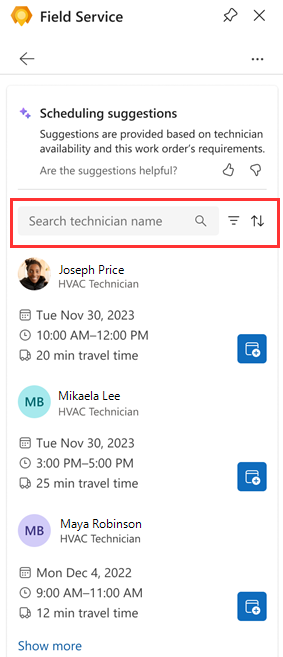 Capture d’écran du volet Field Service dans Outlook, Suggestions de planification, avec les options de recherche, de filtrage et de tri mises en surbrillance.