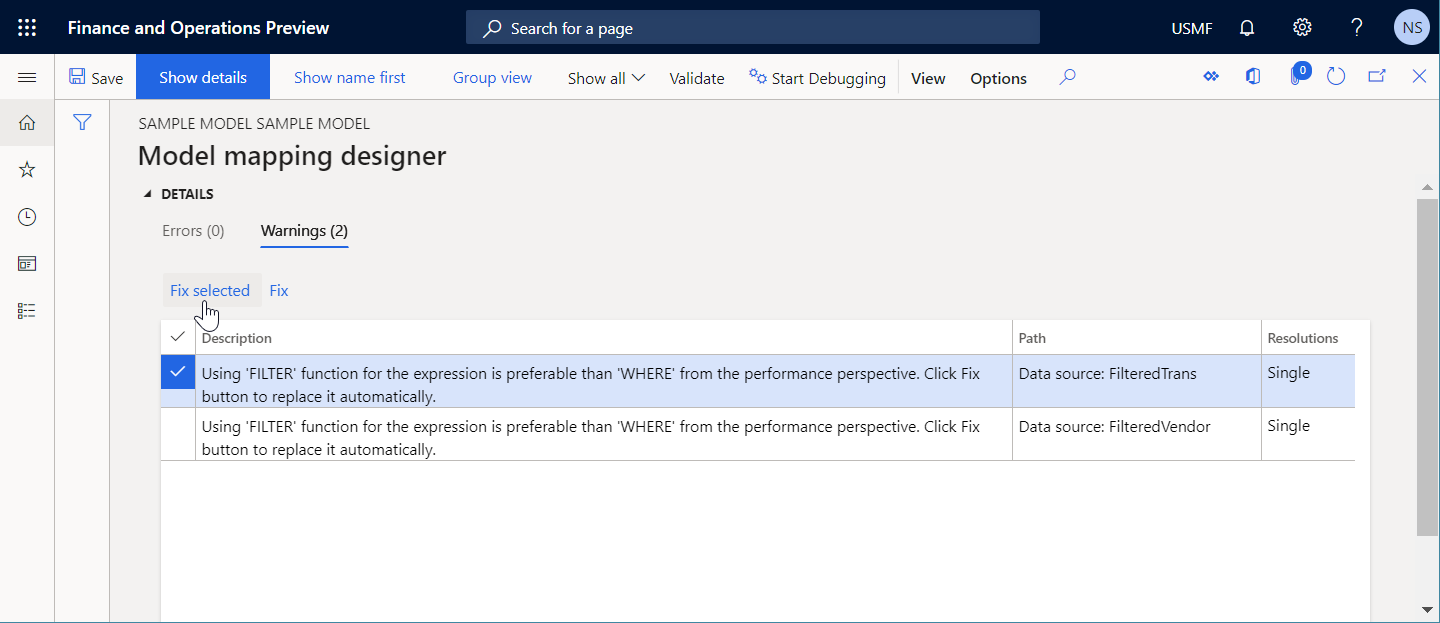 Sélection de Corriger pour remplacer automatiquement la fonction WHERE par la fonction FILTER sur la page du Concepteur de la mise en correspondance des modèles.