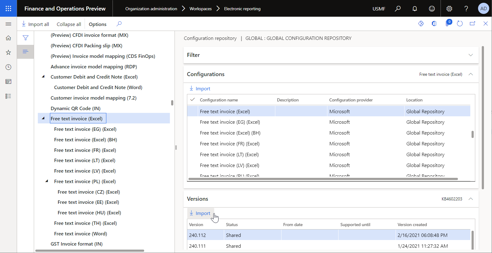 Importation de configurations ER standard sur la page Référentiel de configuration.