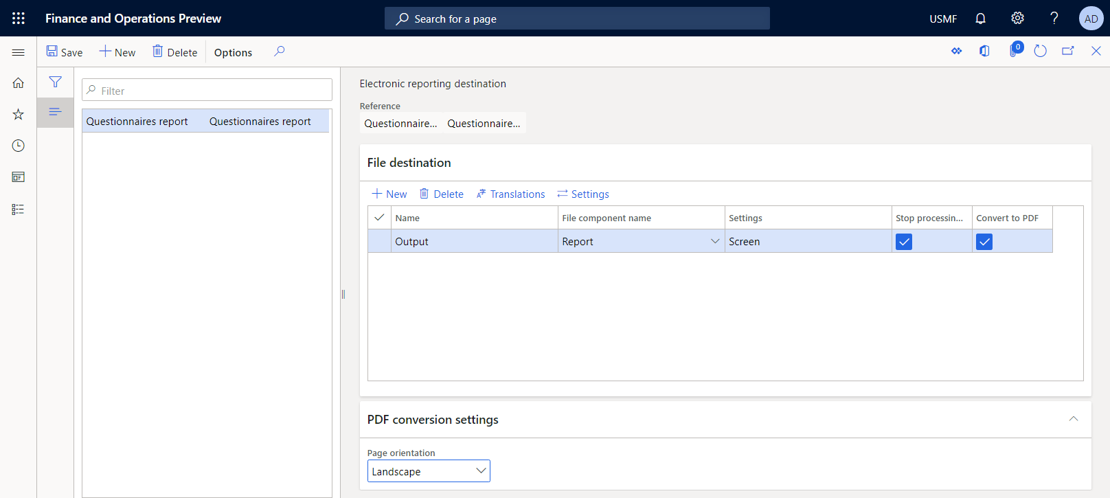 Configuration de la destination d’écran personnalisée pour le format ER sur la page de destination des états électroniques.