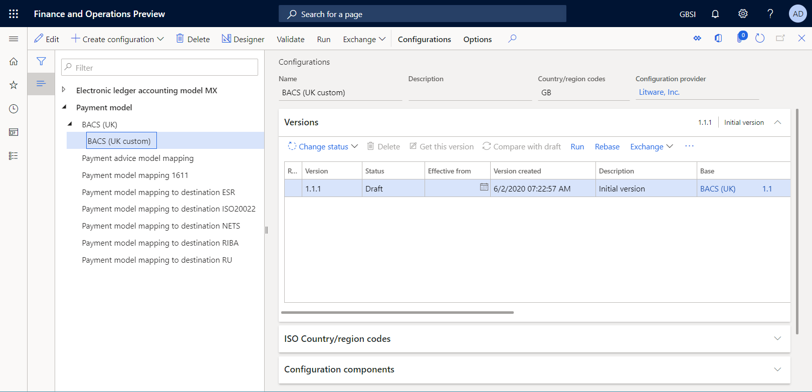 Page de configurations avec la version 1.1.1 de la configuration du format ER BACS (UK custom).