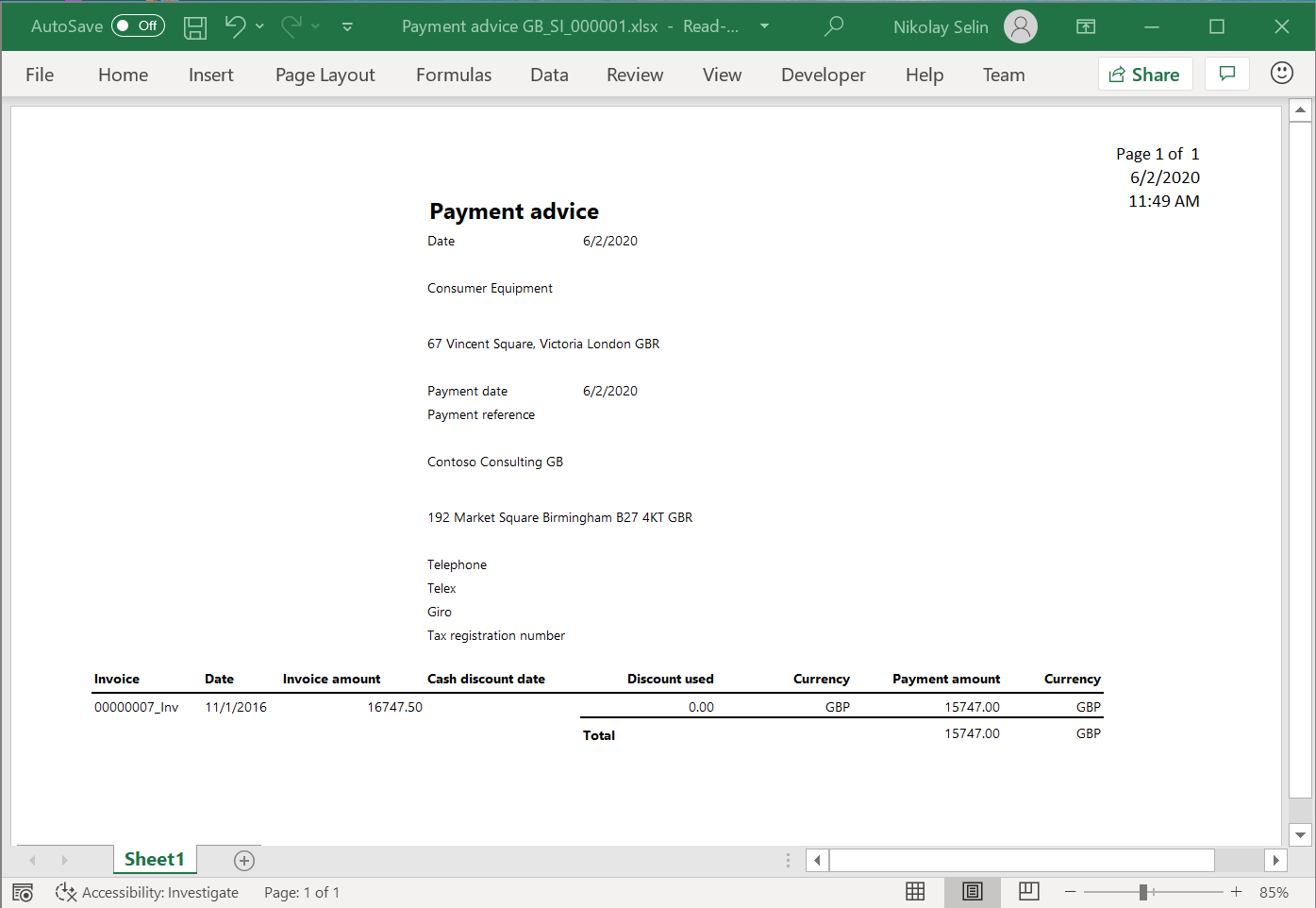 État d’avis de paiement au format Excel.