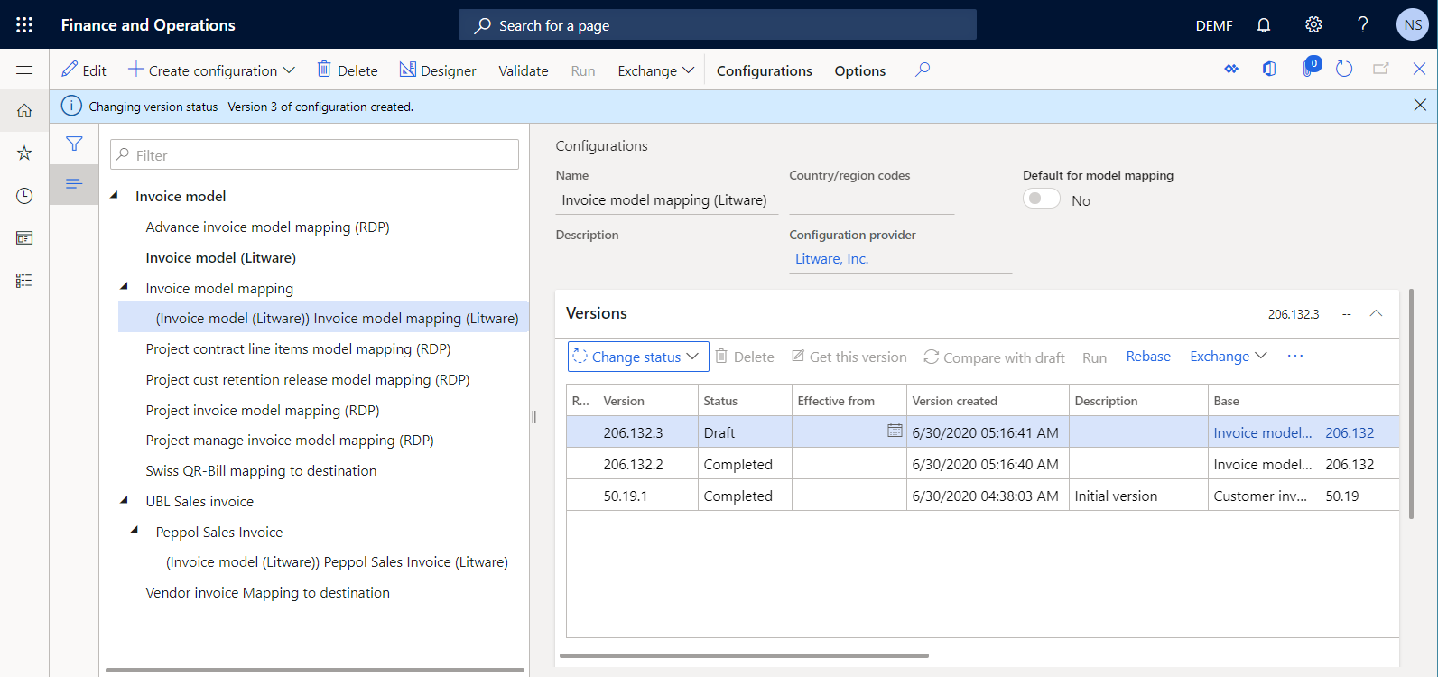 Version 206.132.2 terminée sur la page Configurations.