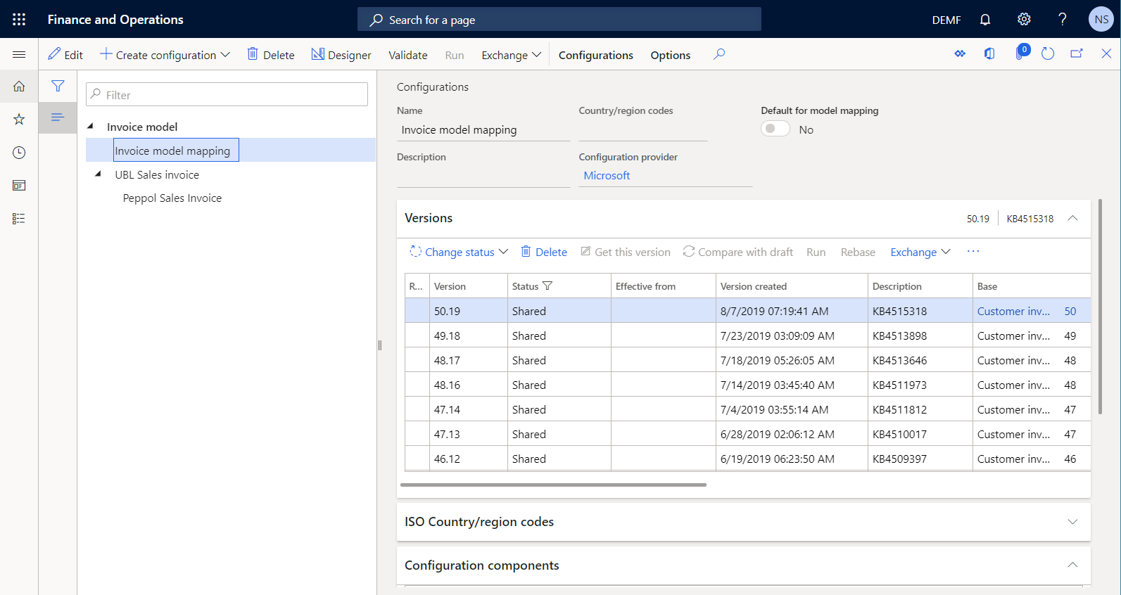 Configuration du mappage du modèle ER Mappage du modèle de facture sur la page Configurations.