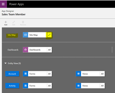 Edit button on the Site Map tile in App Designer.