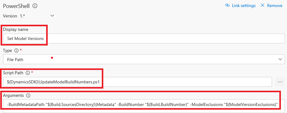 Set the properties for the Set Model Versions task.