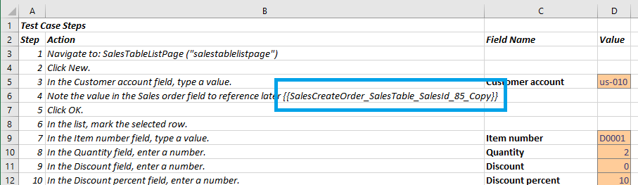 Test case steps variables.