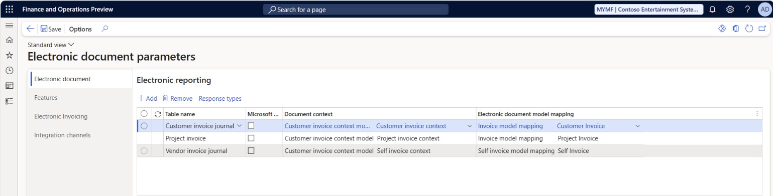 Screenshot of the setup on the Electronic document tab of the Electronic document parameters page.