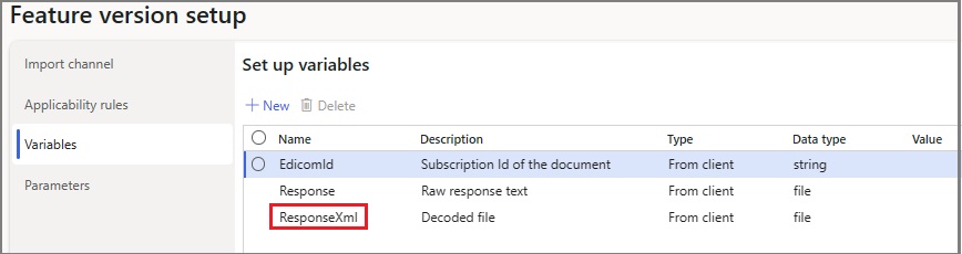 Capture d’écran qui montre la variable ResponseXml pour le canal d’importation. Edicom 