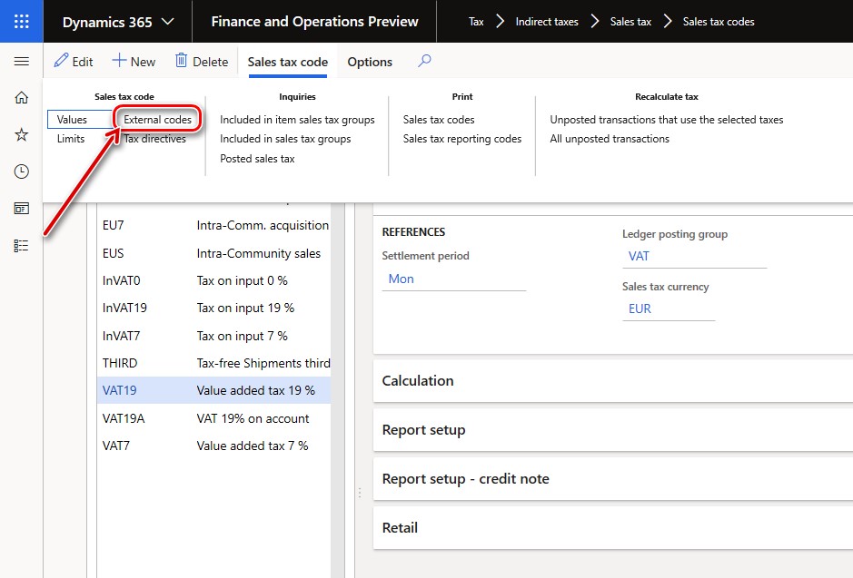 External codes button on the Action Pane of the Sales tax code page.