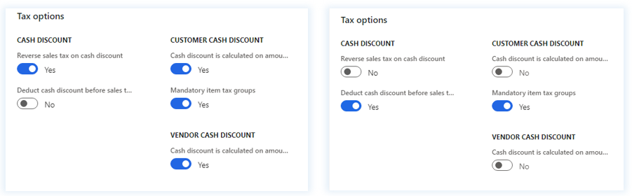 Options d’escompte dans l’onglet Paramètres de juridiction fiscale de la page calcul des taxes.