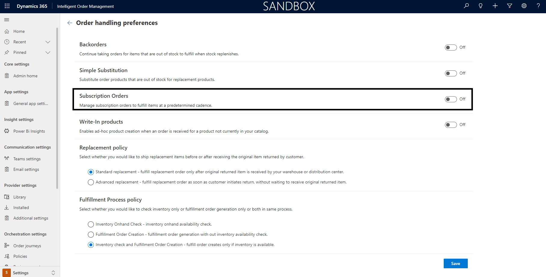 Option Commandes d’abonnement définie sur Activé.