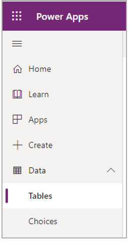 Volet de navigation gauche avec l’option Tables sélectionnée.