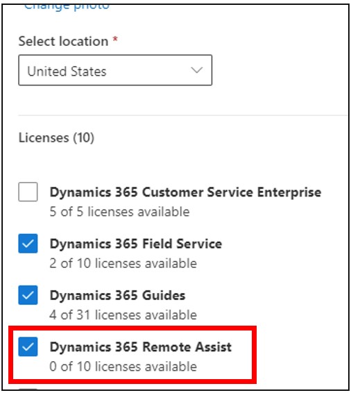 Capture d’écran montrant la licence Remote Assist.