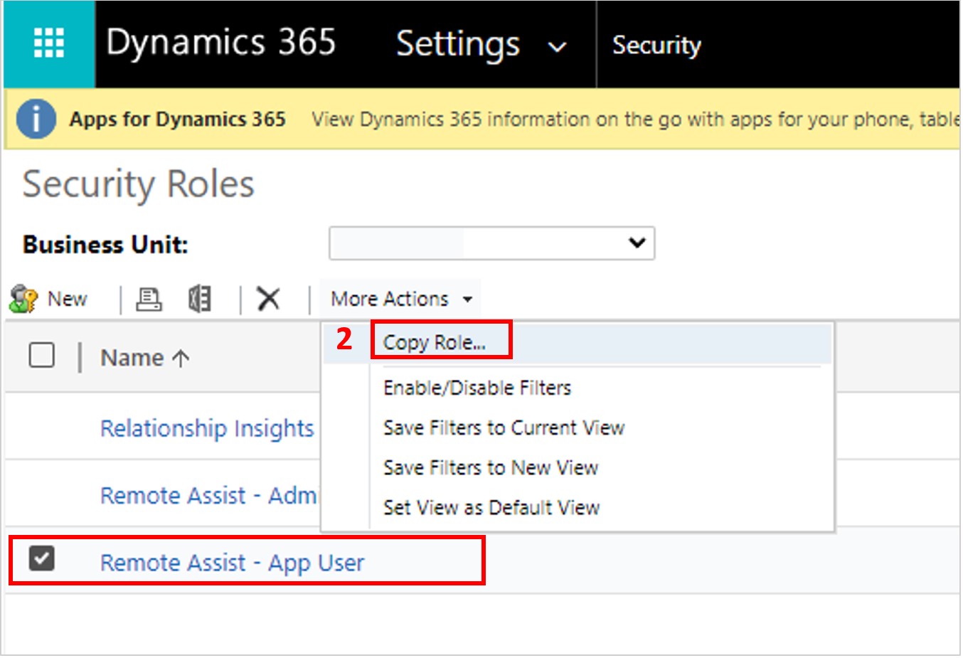 Capture d’écran du rôle Remote Assist - Utilisateur de l’application et de la commande Copier le rôle en surbrillance.