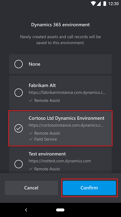 Liste des environnements dans le menu des paramètres Remote Assist sur l’application mobile.