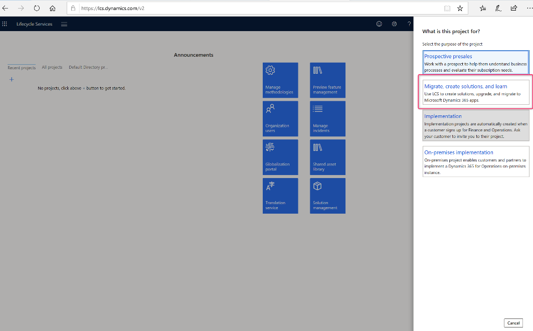 Sélectionnez un type de projet Lifecycle Services.