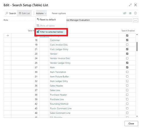 Affiche la page Liste de configuration de la recherche (table) avec les actions disponibles