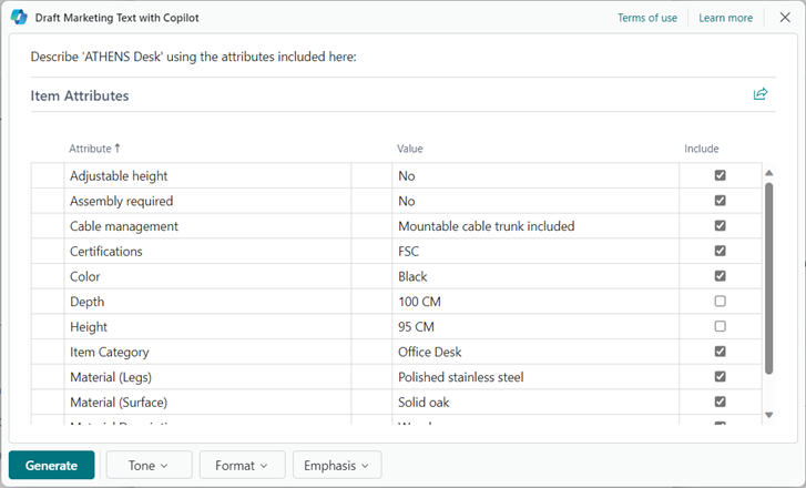 Rédaction d’un brouillon avec Copilot et sélection des attributs produits applicables.