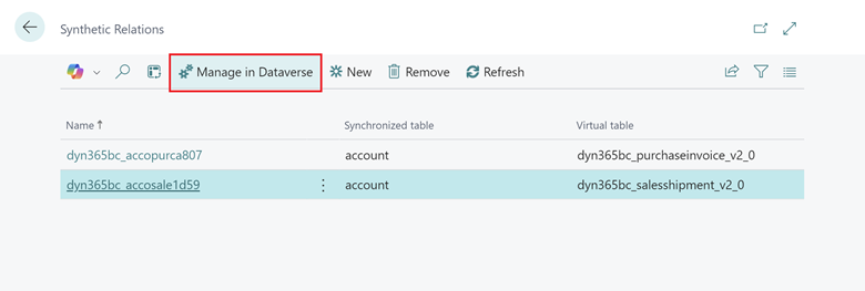 Affiche Gérer l’action dans Dataverse sur la page des relations synthétiques