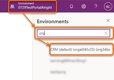 Capture d’écran de la sélection de votre organisation dans le portail Power Apps.
