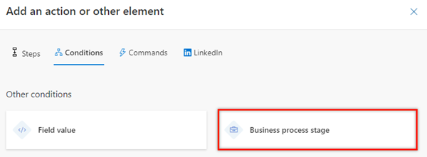 Capture d’écran de l’onglet Conditions dans l’étape de sélection d’activité pour les étapes de processus d’entreprise.