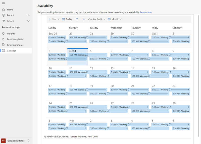 Capture d’écran de la page calendrier disponibilité de travail.