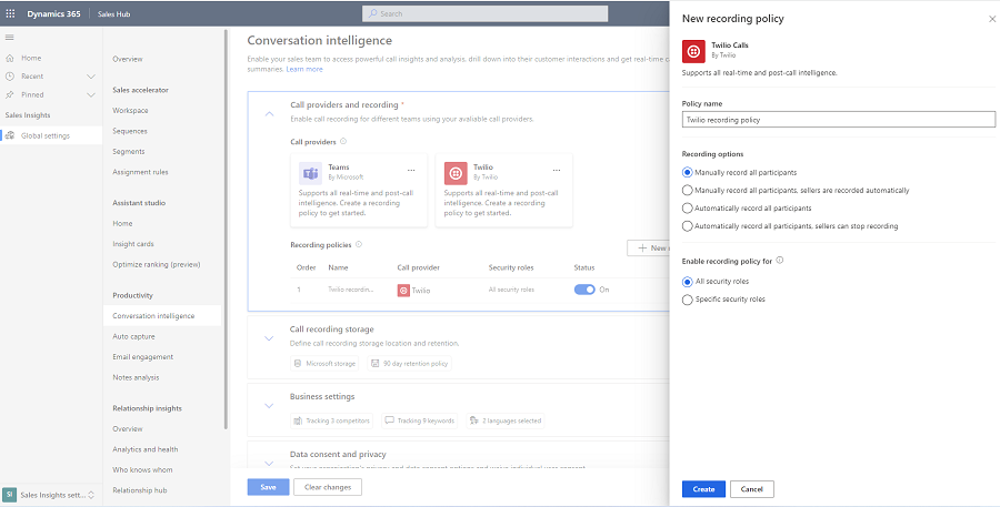 capture d’écran d’une stratégie d’enregistrement pour Twilio