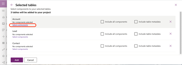 Sélectionner des composants sous la section Compte