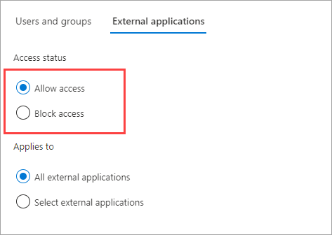 Capture d’écran montrant l’état de l’accès des applications pour la connexion directe B2B sortante