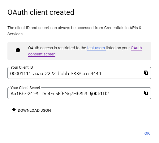 Capture d’écran montrant l’ID client et la clé secrète client OAuth.