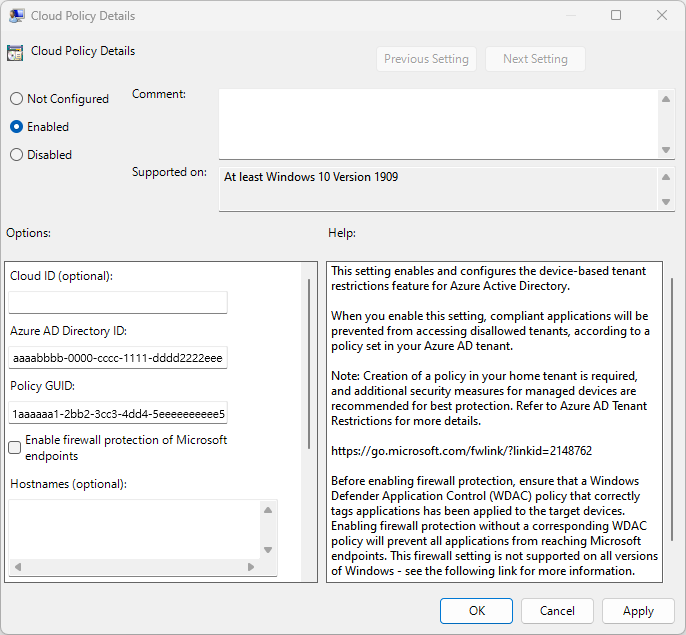 Capture d'écran des détails de la stratégie cloud Windows.