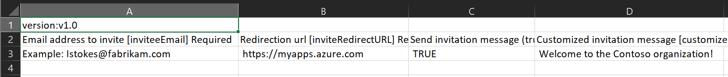 Capture d’écran de l’exemple de fichier CSV avec des utilisateurs invités saisis.